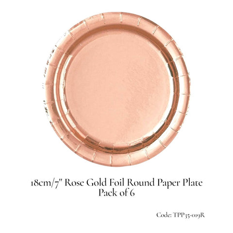 7"/18cm Rose Gold Foil Round Paper  Plates - 6 Pack