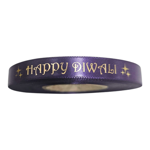 10mm Happy Diwali Ribbon - Dark Purple with Metallic Gold Print