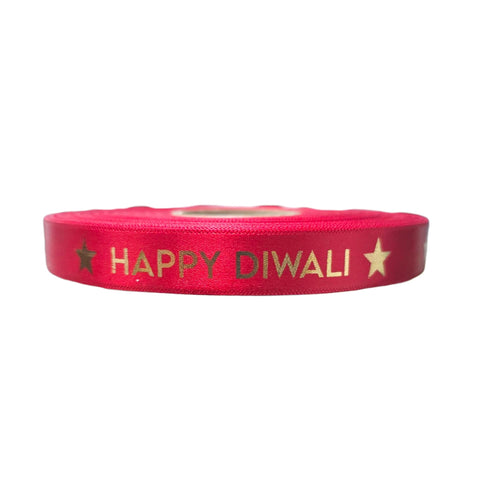 15mm Happy Diwali Ribbon - Cardinal Red with Metallic Gold Print