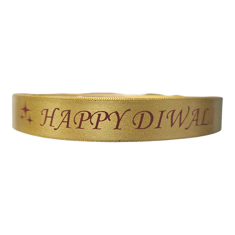 15mm Happy Diwali Ribbon - Antique Gold with Burgundy Print