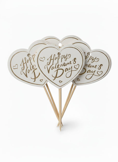 White Heart Shaped Happy Valentine's Day Cupcake Toppers (Pack of 6)