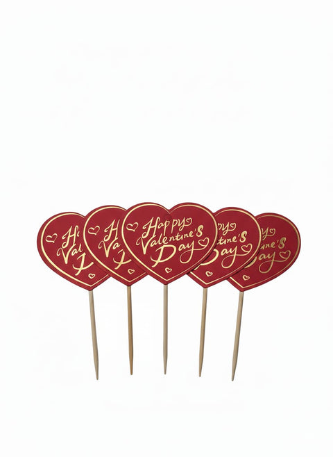 Red Heart Shaped Happy Valentine's Day Cupcake Toppers (Pack of 6)