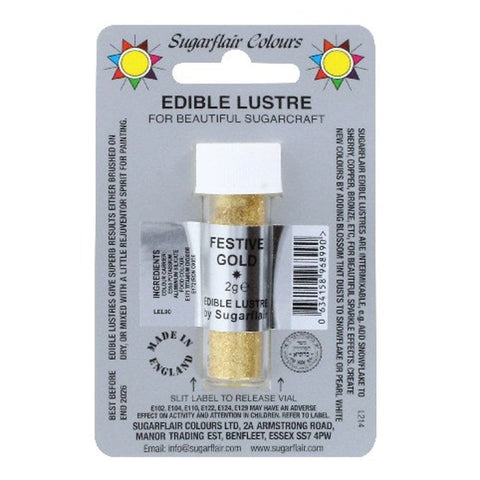 Sugarflair Edible Lustre Festive Gold 2g – Premium Food-Grade Metallic Shimmer Powder for Cake Decoration, Cupcakes, Fondant, Sugar Art, and Chocolates provides an elegant shimmer visual appeal