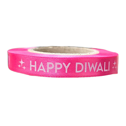 10mm Happy Diwali Ribbon - Fuschia with White Print